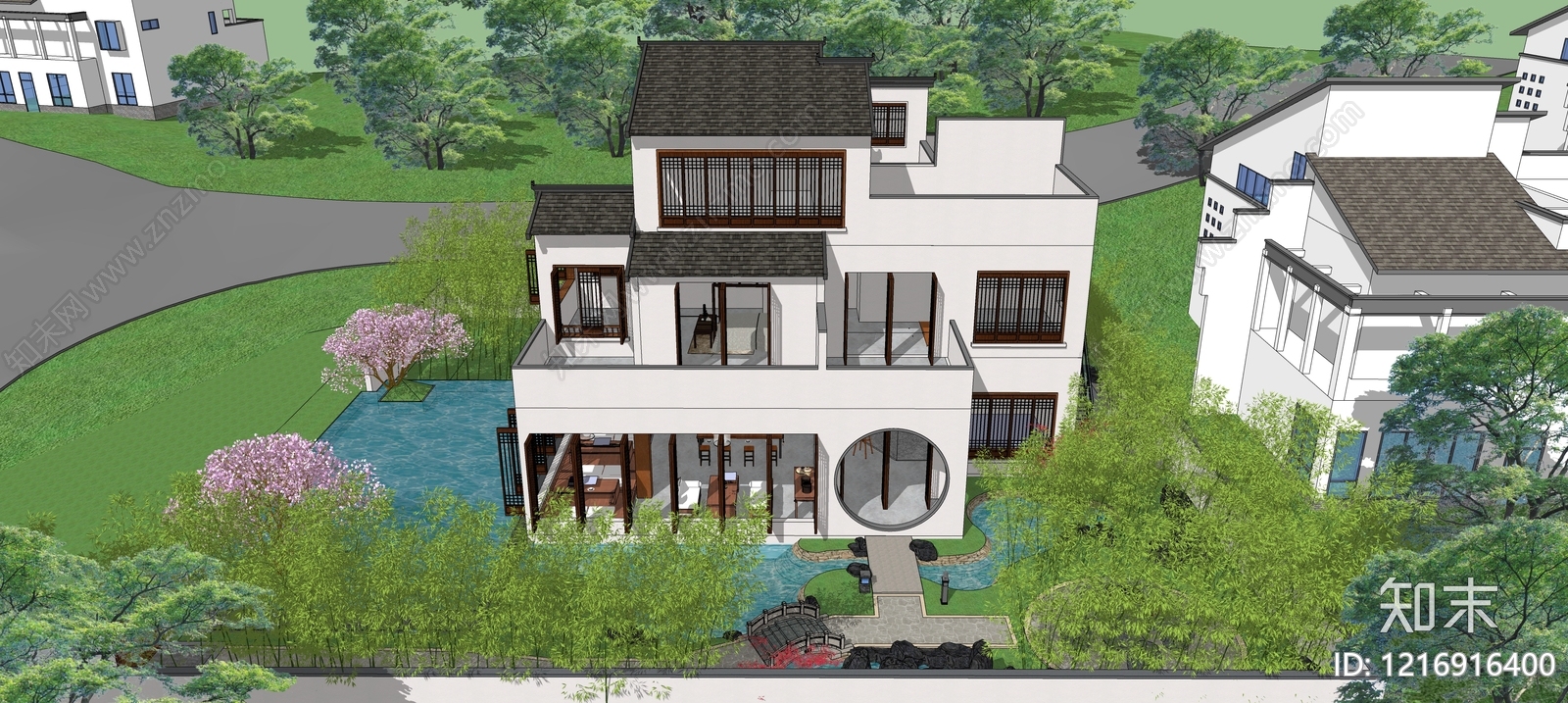 新中式民宿建筑SU模型下载【ID:1216916400】