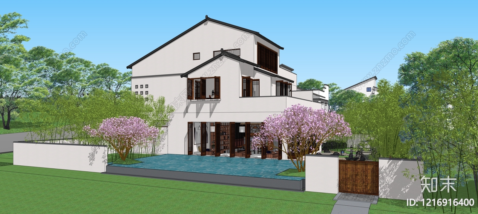新中式民宿建筑SU模型下载【ID:1216916400】