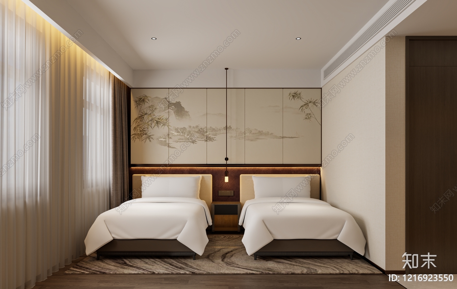 新中式酒店客房3D模型下载【ID:1216923550】