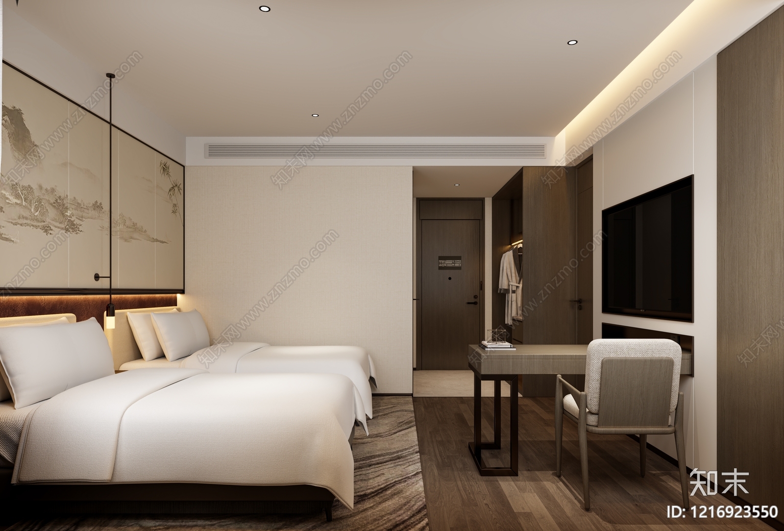 新中式酒店客房3D模型下载【ID:1216923550】