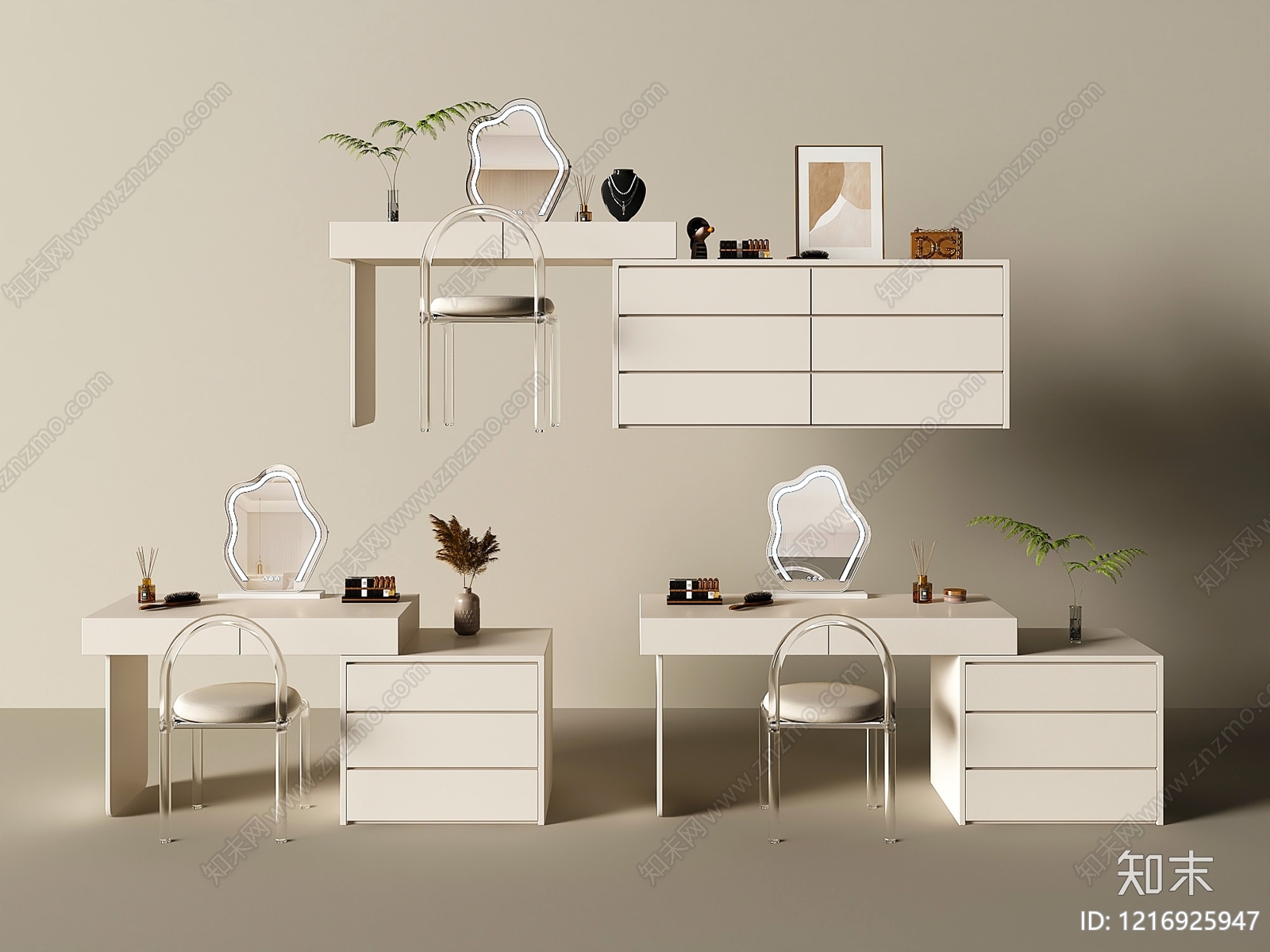 奶油风梳妆台3D模型下载【ID:1216925947】