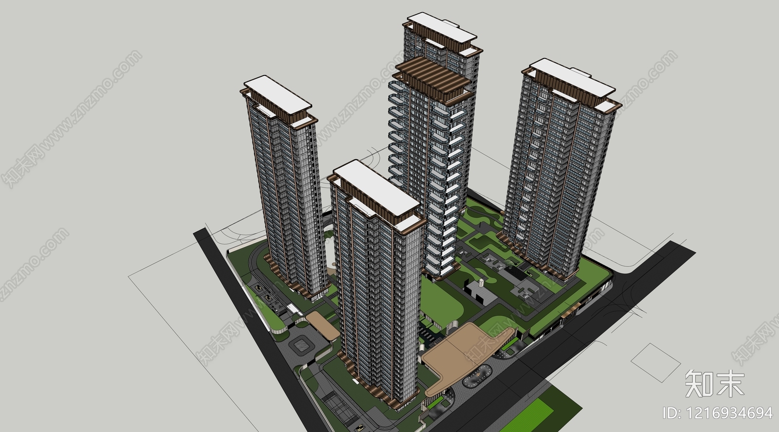 新中式小区建筑SU模型下载【ID:1216934694】