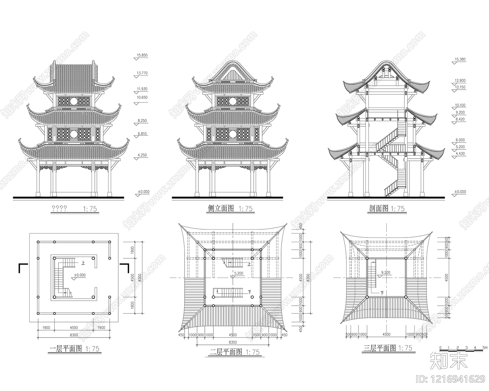 仿古建筑cad施工图下载【ID:1216941629】