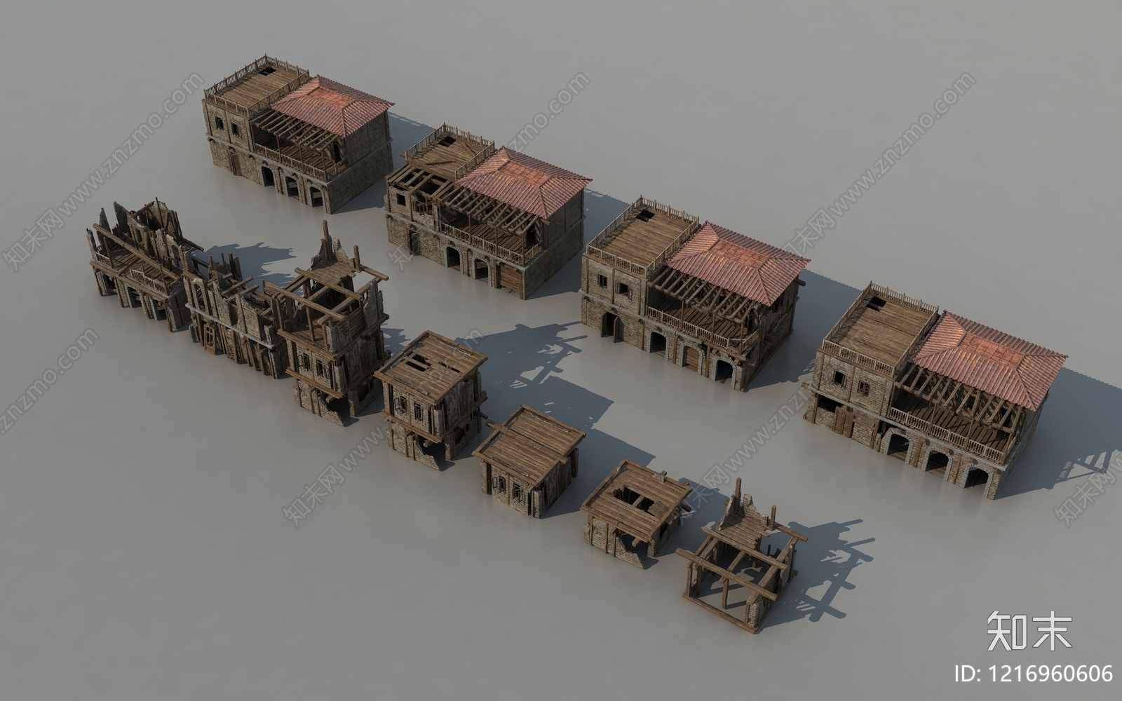 复古废墟风古建3D模型渲染效果图
