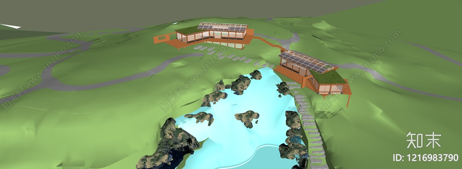新中式景观公园SU模型下载【ID:1216983790】