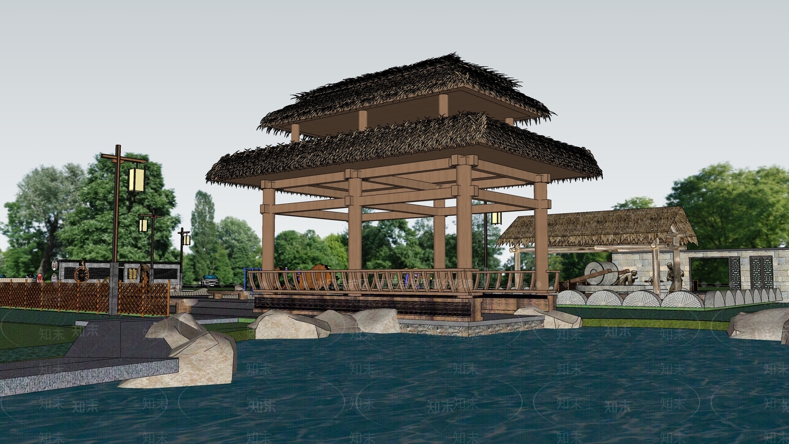新中式景观滨水景观SU模型下载【ID:1217102309】