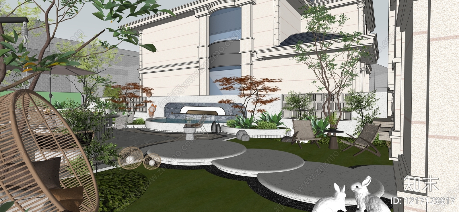 现代轻奢别墅庭院SU模型下载【ID:1217128817】