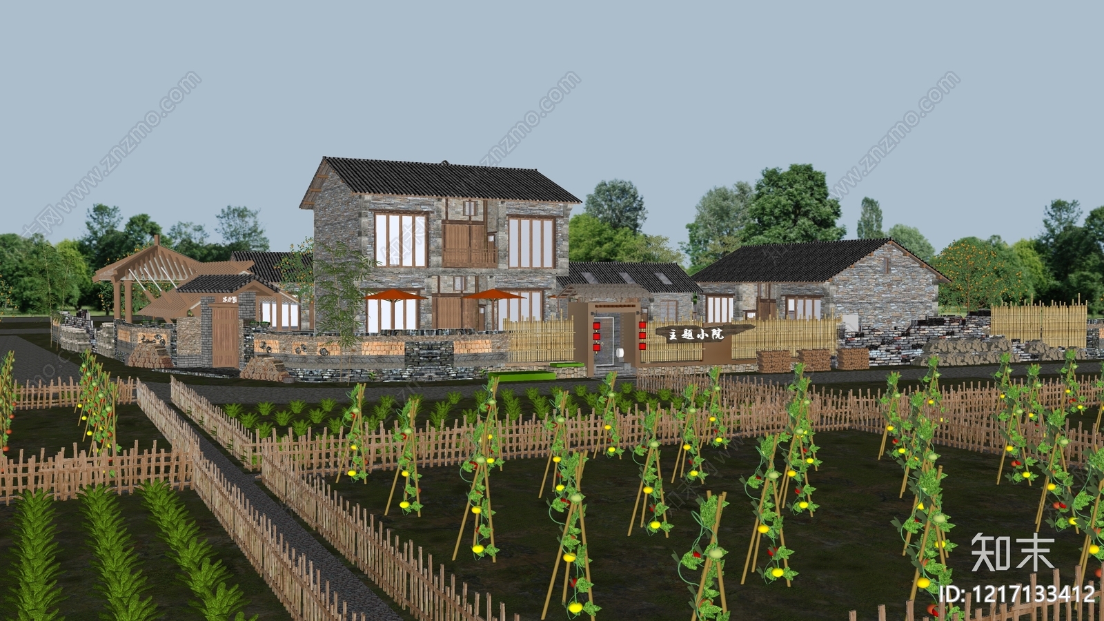 新中式民宿建筑SU模型下载【ID:1217133412】
