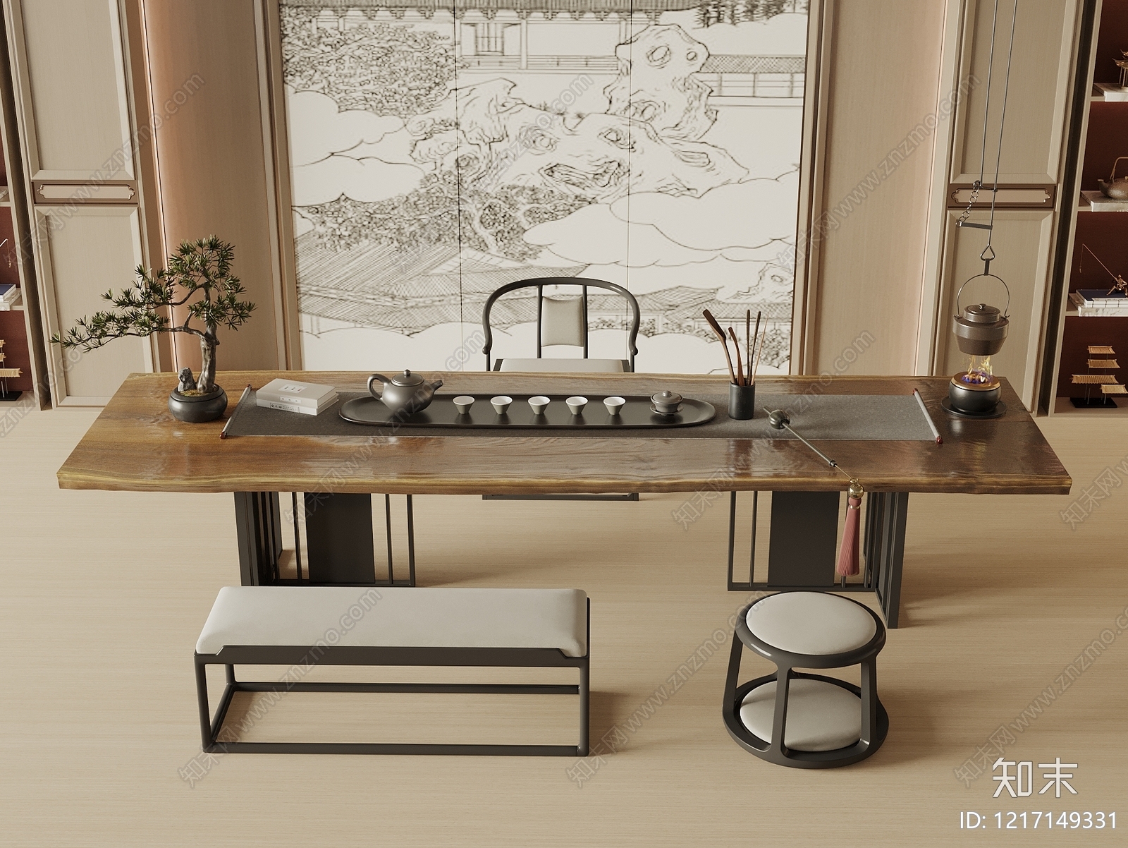 新中式茶桌椅SU模型下载【ID:1217149331】