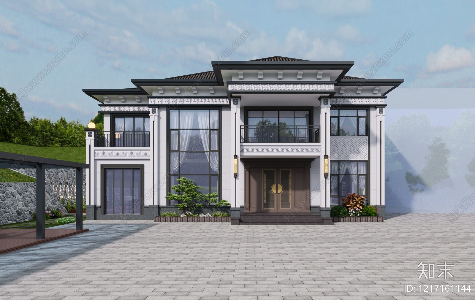 新中式别墅外观3D模型下载【ID:1217161144】