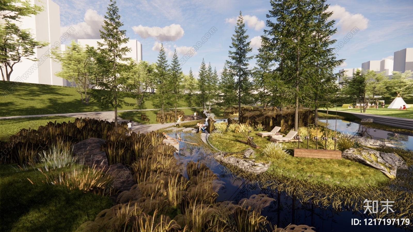 自然野趣风滨水景观SU模型下载【ID:1217197179】