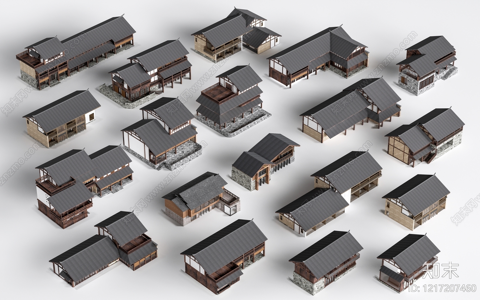 新中式民宿建筑SU模型下载【ID:1217207460】