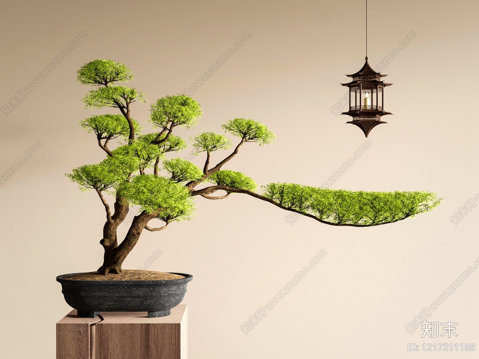 新中式盆景3D模型渲染效果图