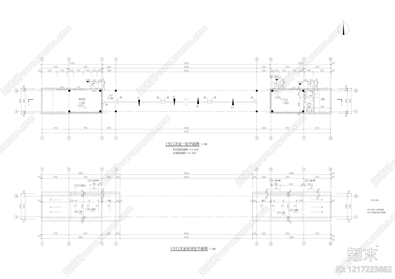 门卫室建筑cad施工图下载【ID:1217223882】