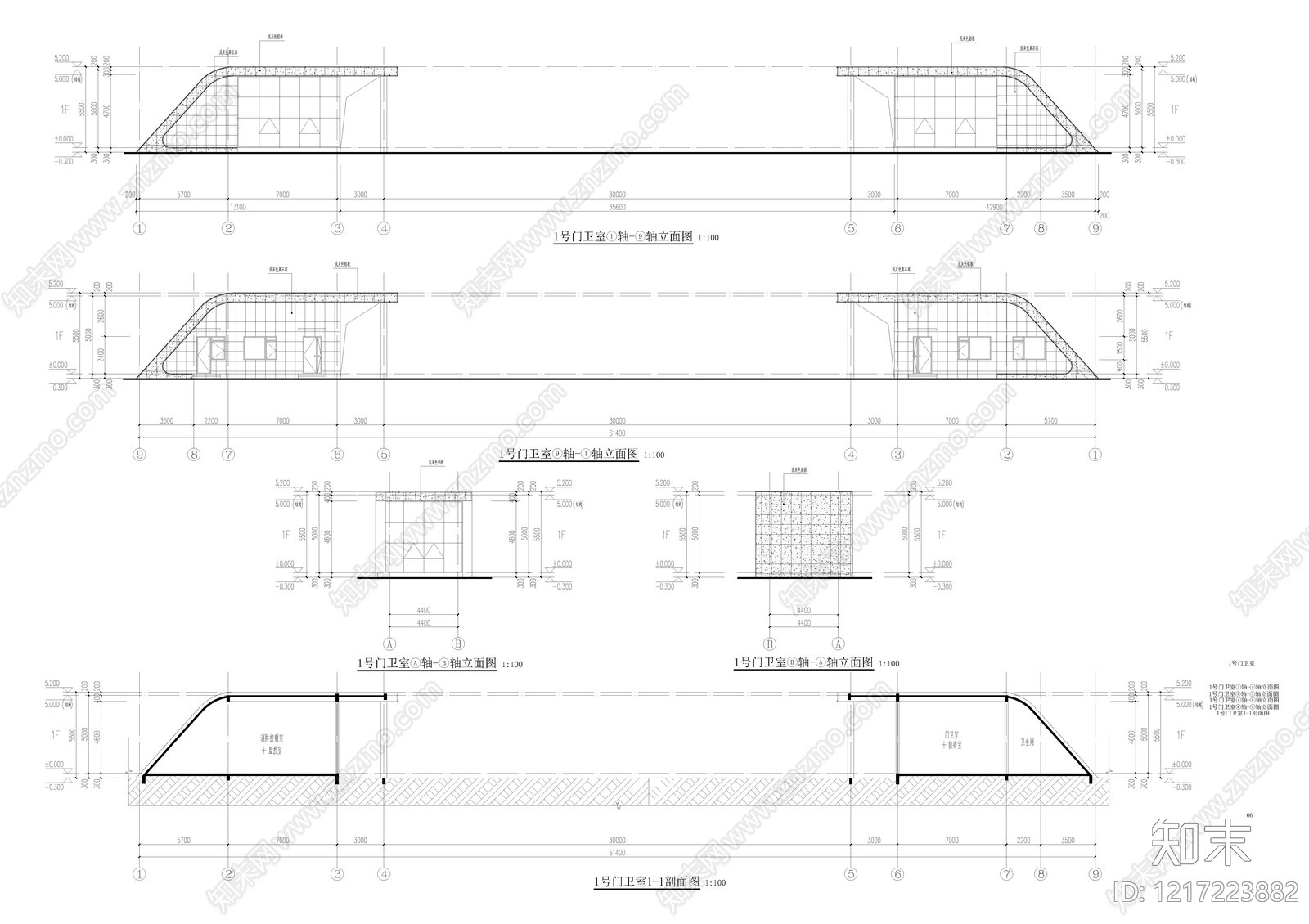 门卫室建筑cad施工图下载【ID:1217223882】