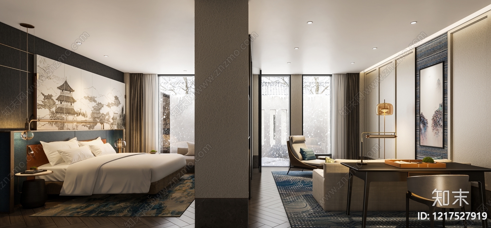 新中式酒店客房3D模型下载【ID:1217527919】