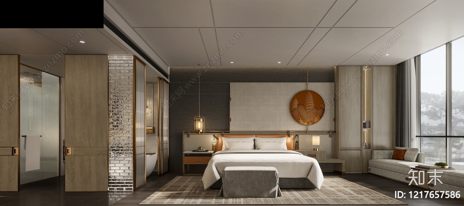 新中式酒店客房3D模型下载【ID:1217657586】