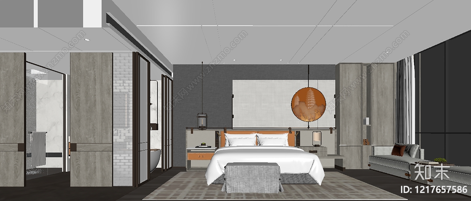 新中式酒店客房3D模型下载【ID:1217657586】