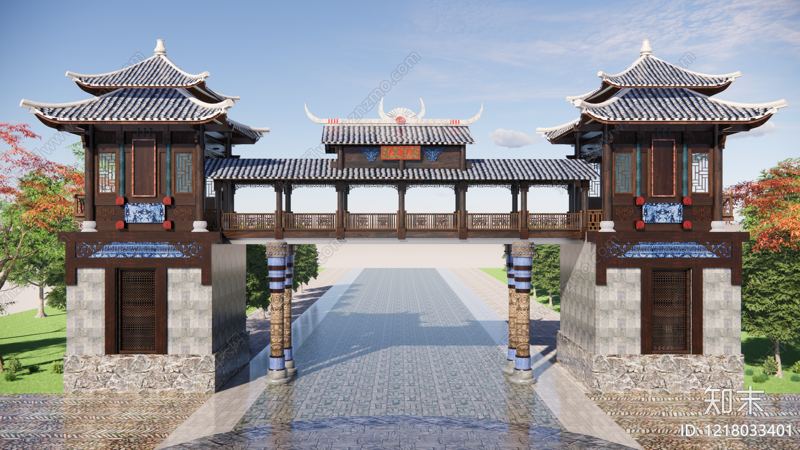 新中式入口大门SU模型下载【ID:1218033401】