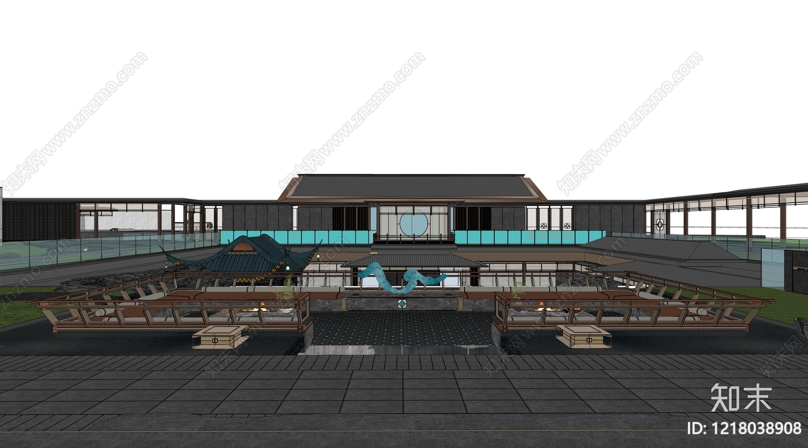 新中式售楼处建筑SU模型下载【ID:1218038908】