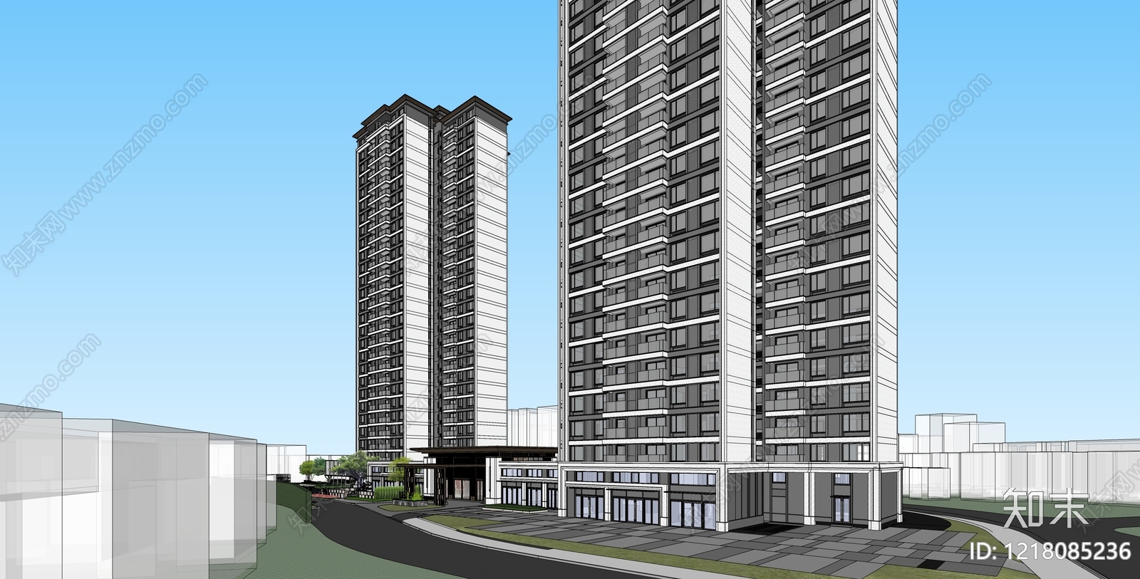 新中式小区建筑SU模型下载【ID:1218085236】