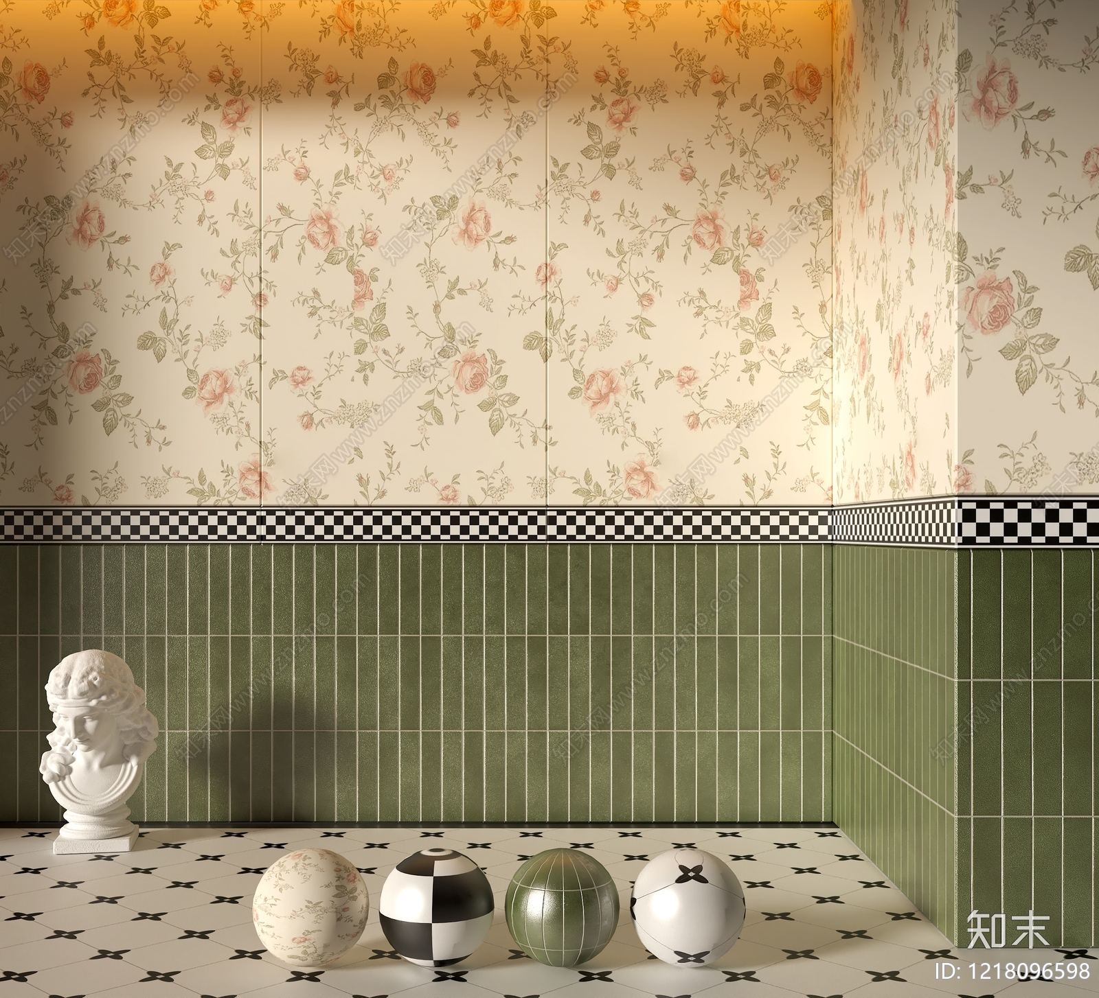 复古混搭风瓷砖展厅3D模型渲染效果图