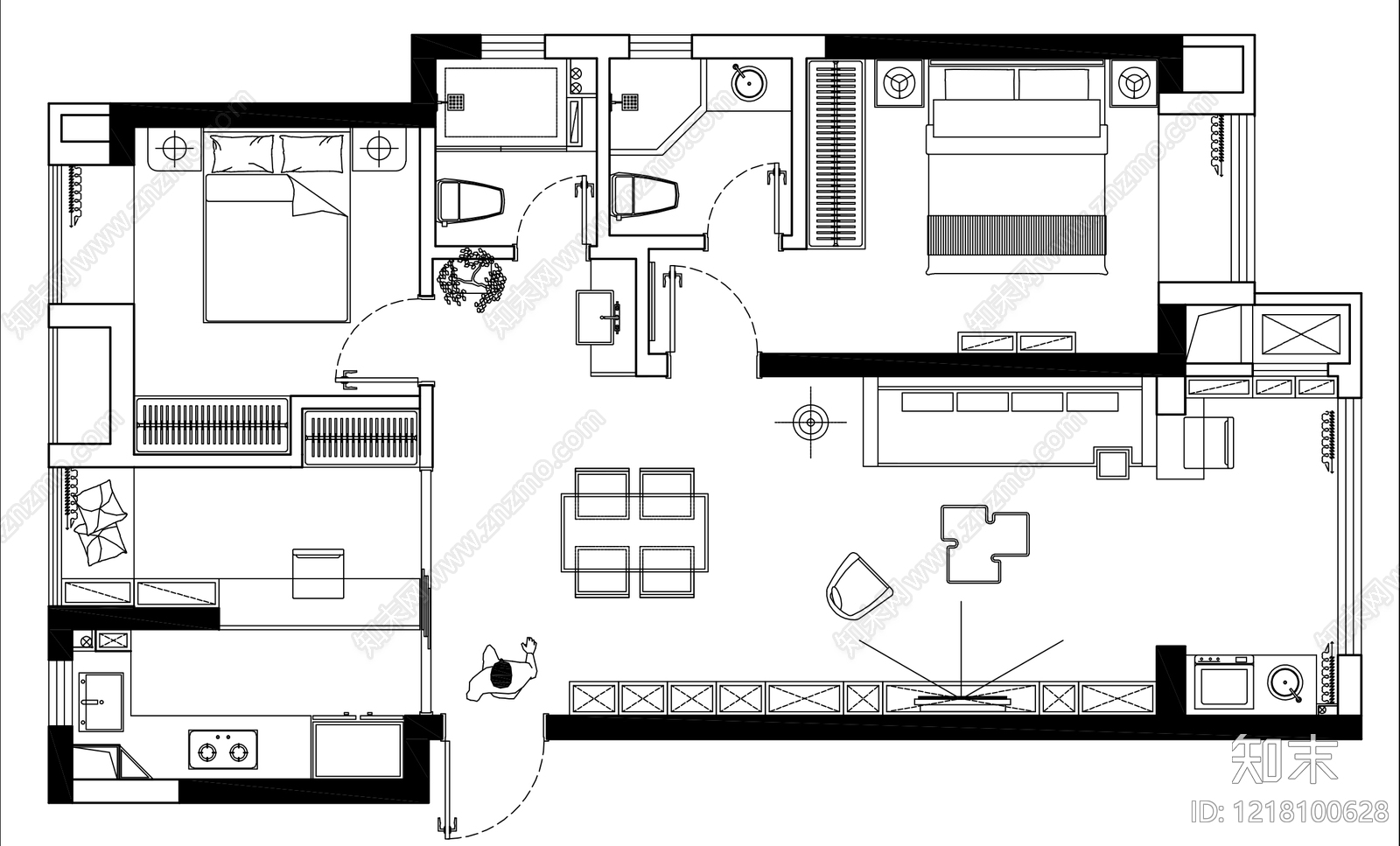 小户型平层cad施工图下载【ID:1218100628】
