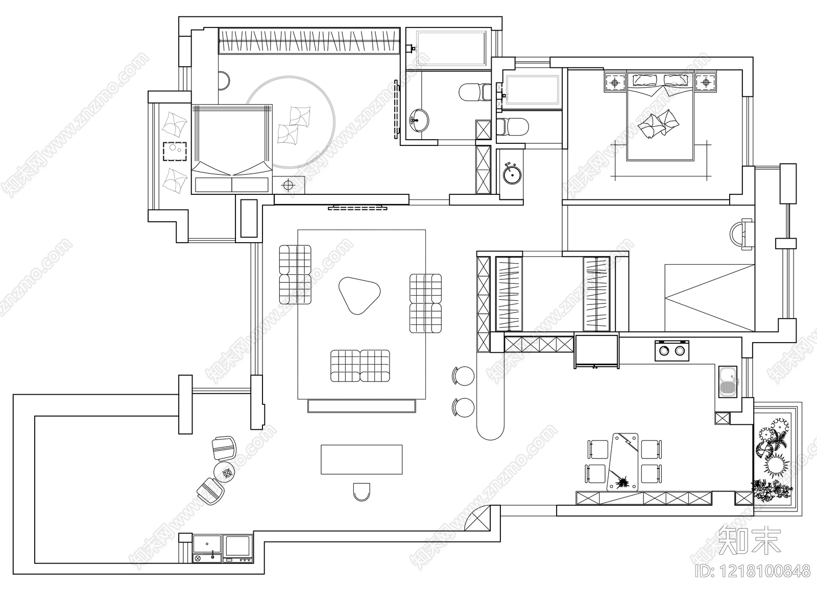 小户型平层cad施工图下载【ID:1218100848】