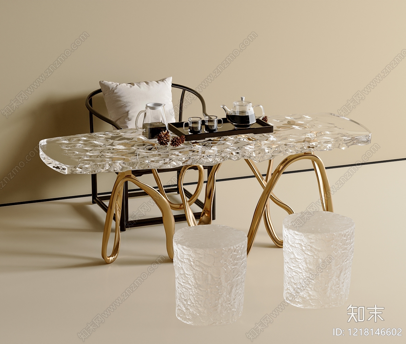 现代轻奢茶桌椅3D模型渲染效果图