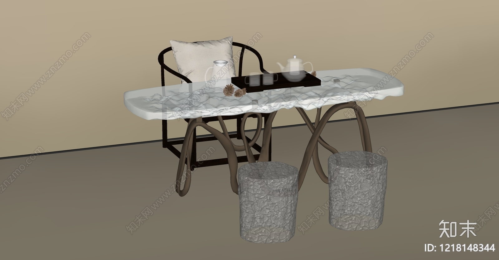 新中式茶桌椅SU模型下载【ID:1218148344】