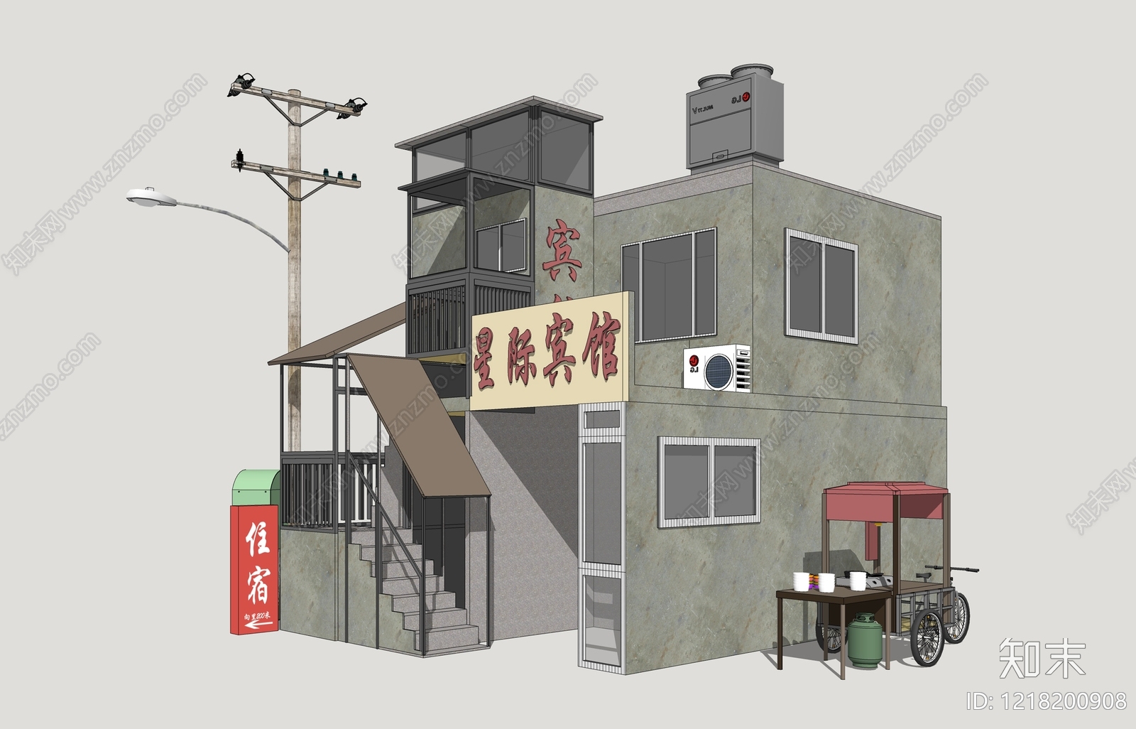 市井复古风民宿建筑SU模型下载【ID:1218200908】