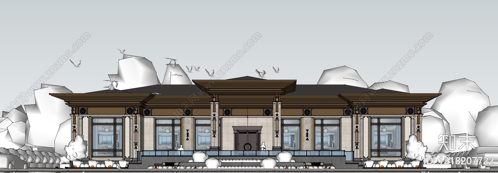 新中式售楼处建筑SU模型下载【ID:1218207722】