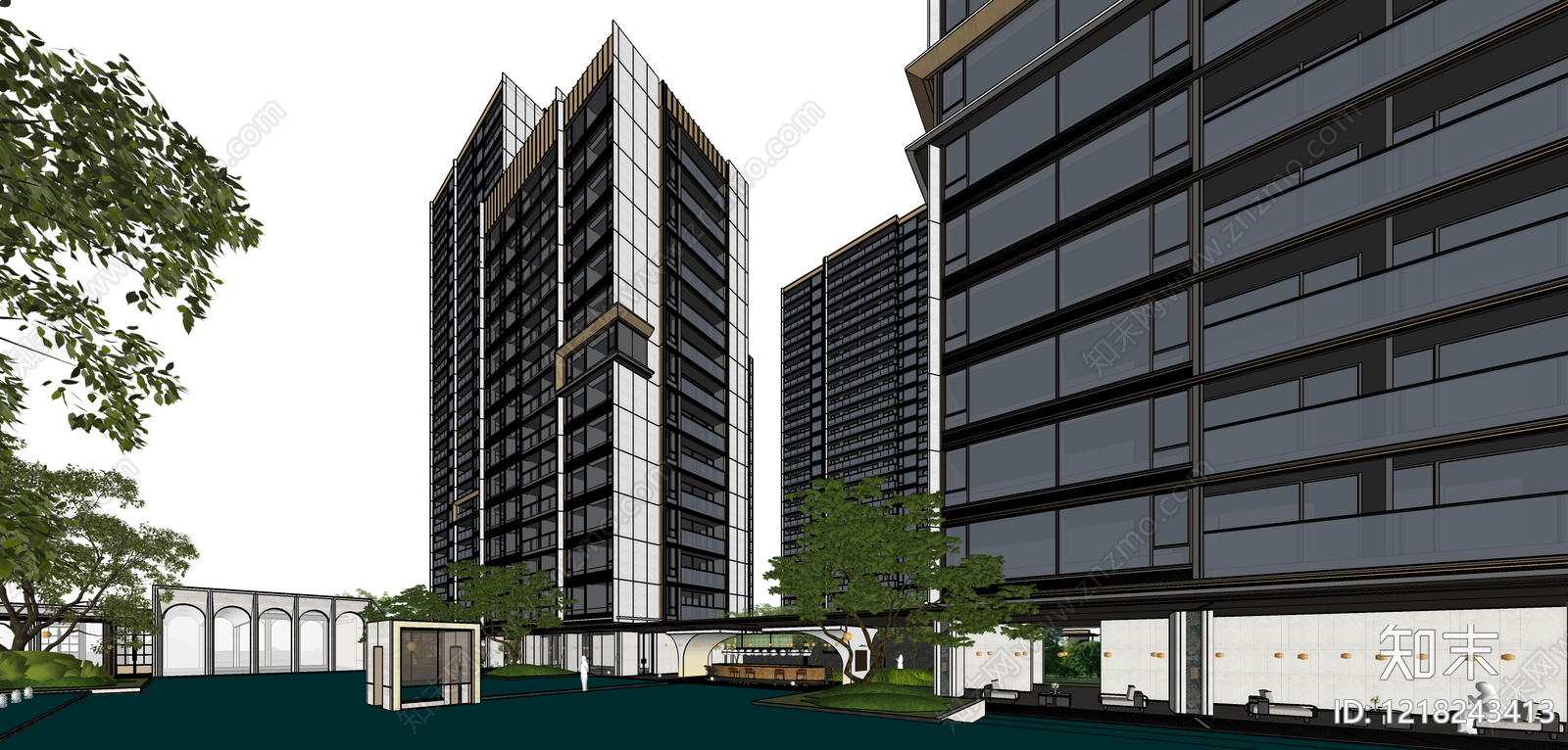 现代简约小高层住宅楼SU模型下载【ID:1218243413】