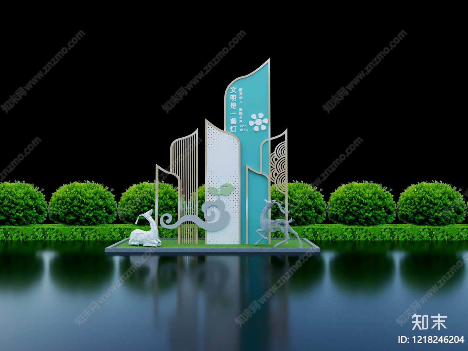 新中式公园绿地装置3D模型渲染效果图