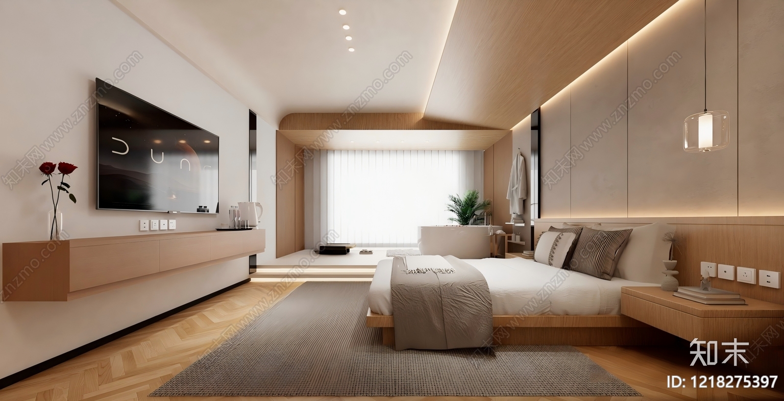 现代原木风主卧3D模型下载【ID:1218275397】