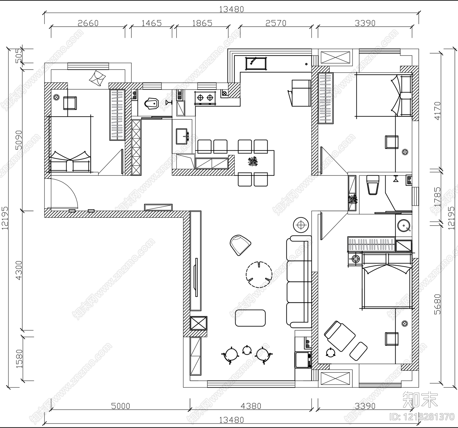 小户型平层cad施工图下载【ID:1218281370】