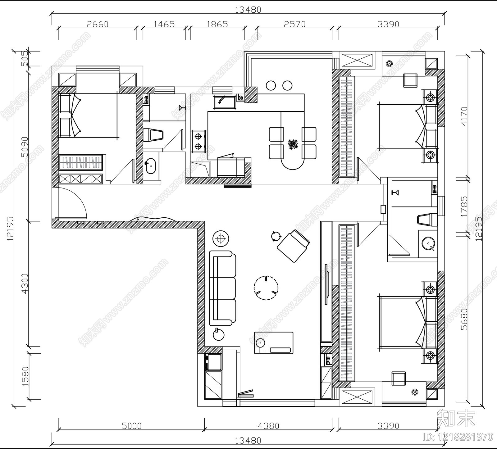 小户型平层cad施工图下载【ID:1218281370】