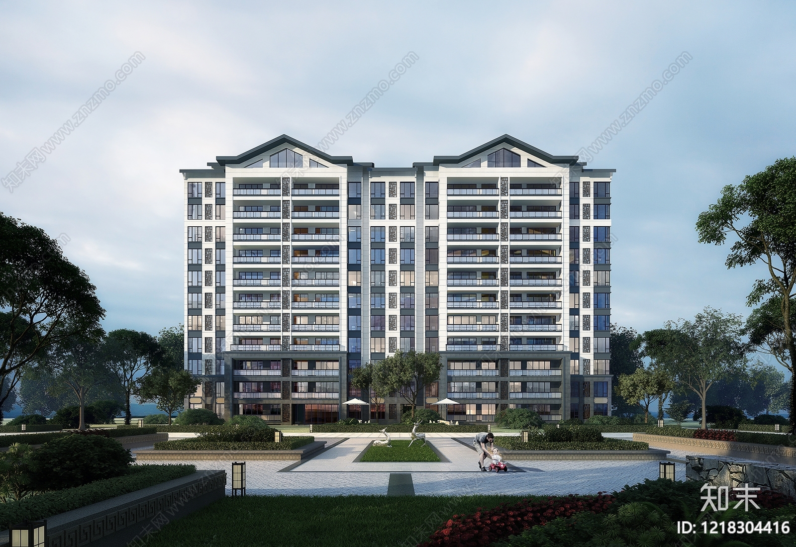 新中式小高层住宅楼3D模型下载【ID:1218304416】