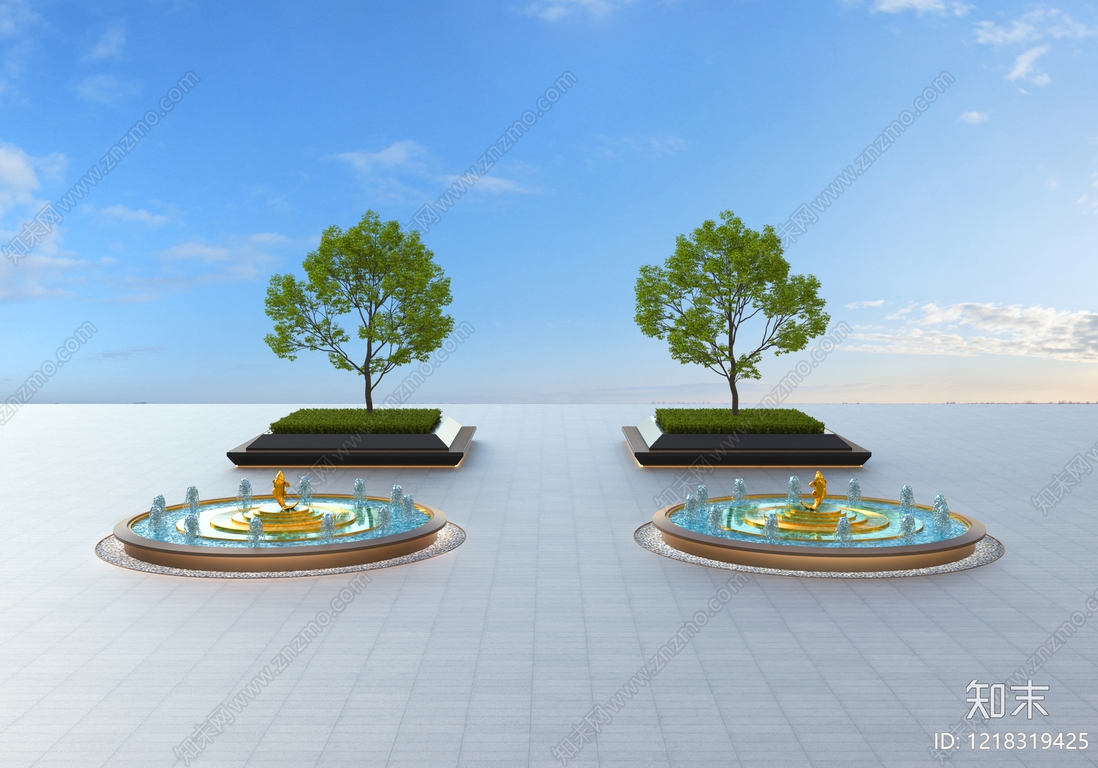 现代简约喷泉3D模型渲染效果图