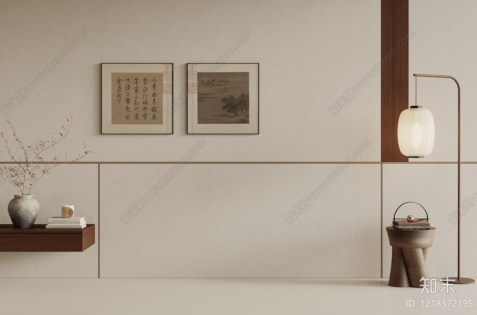 新中式床头背景墙3D模型下载【ID:1218372195】