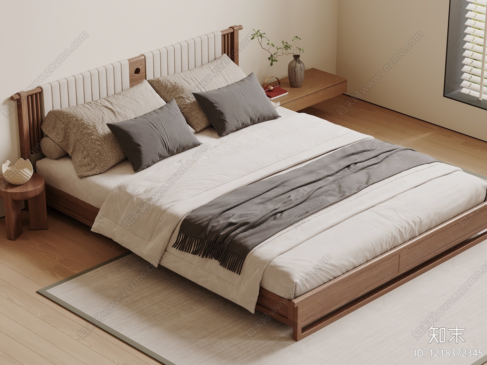 新中式双人床3D模型下载【ID:1218372345】