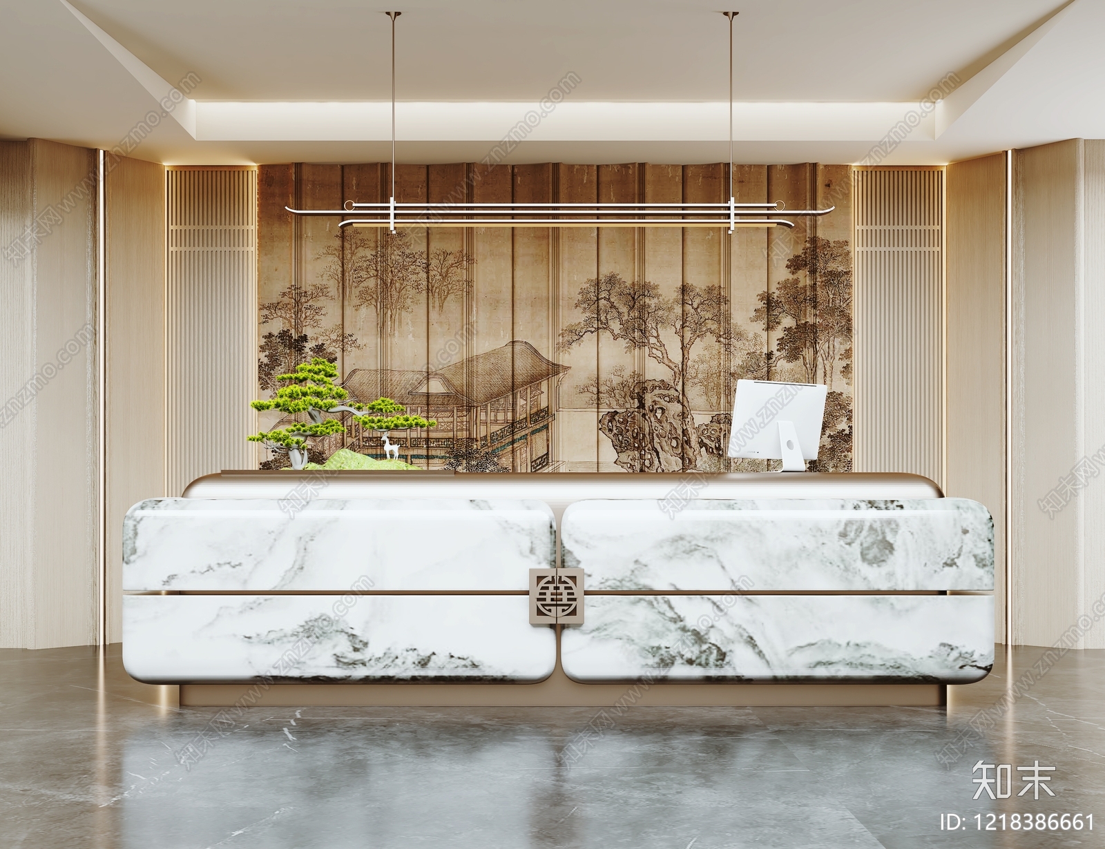 新中式酒店大堂SU模型下载【ID:1218386661】