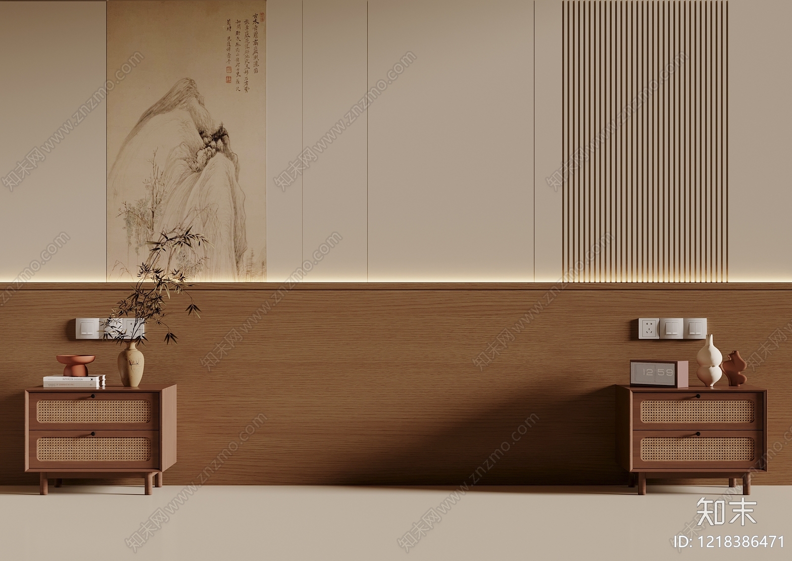 新中式背景墙SU模型下载【ID:1218386471】