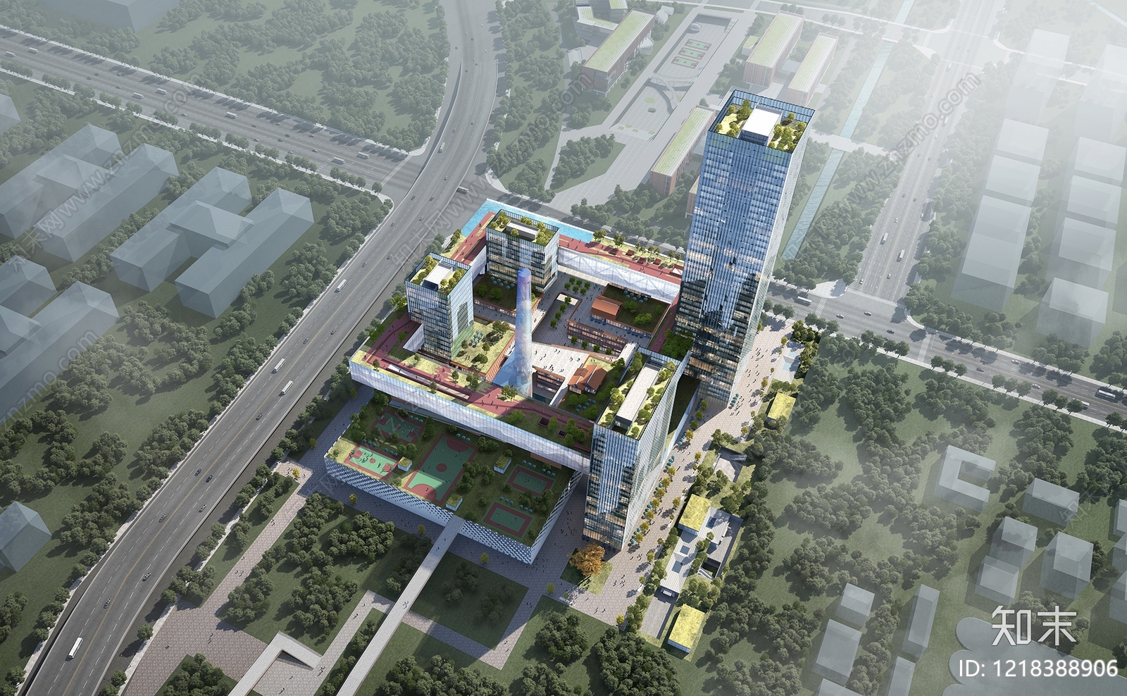 现代主义产业园办公楼3D模型下载【ID:1218388906】