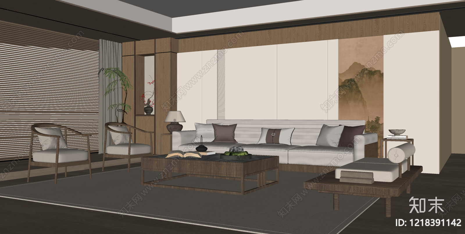 新中式家居客厅SU模型下载【ID:1218391142】