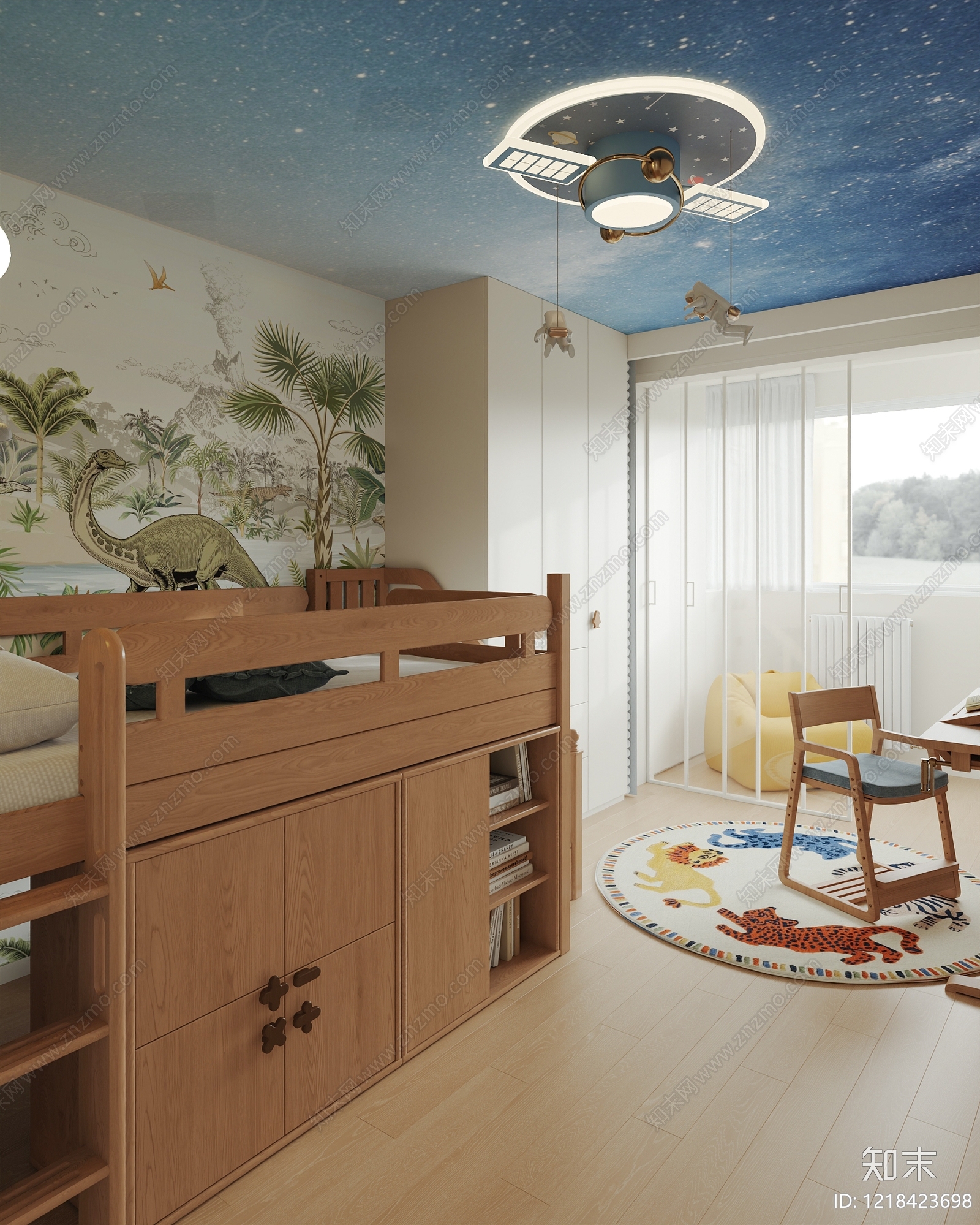 原木奶油风男孩房3D模型下载【ID:1218423698】
