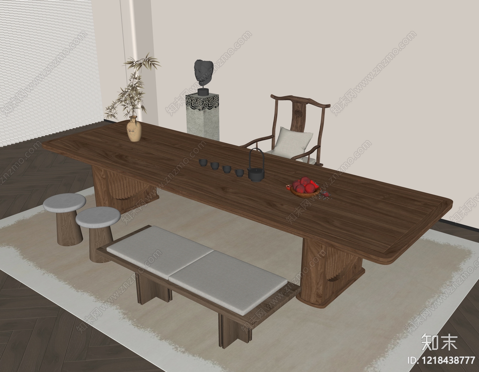 新中式茶桌椅SU模型下载【ID:1218438777】