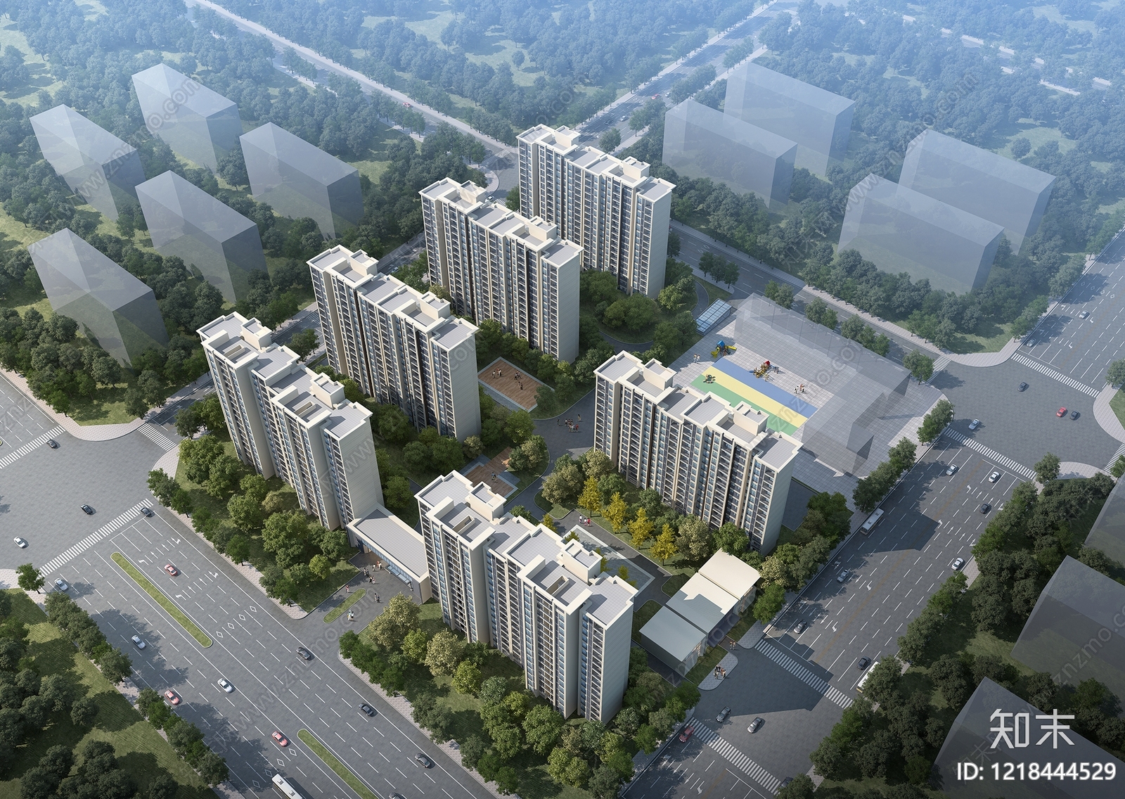 现代简约小高层住宅楼3D模型渲染效果图