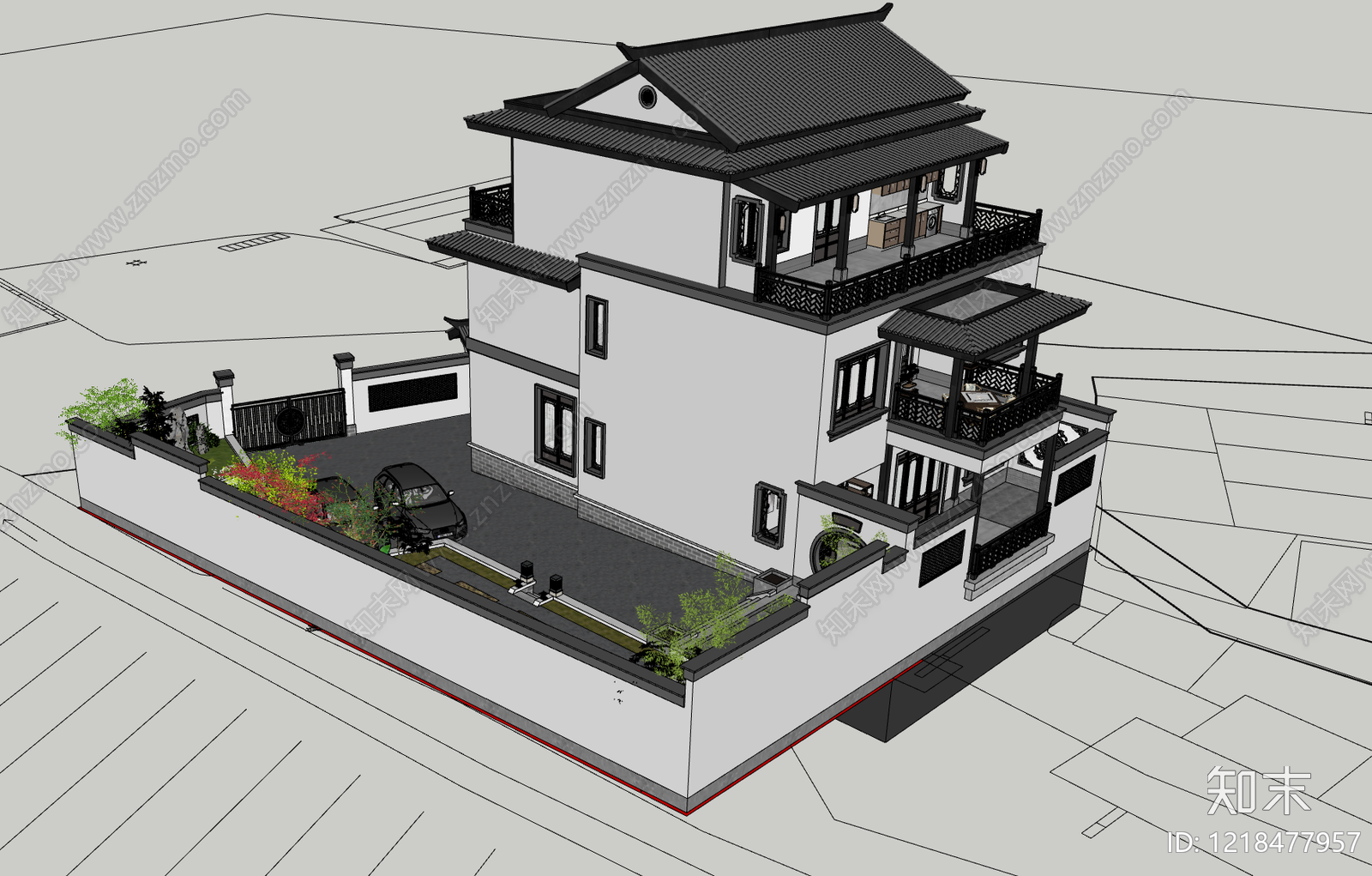 新中式独栋别墅SU模型下载【ID:1218477957】