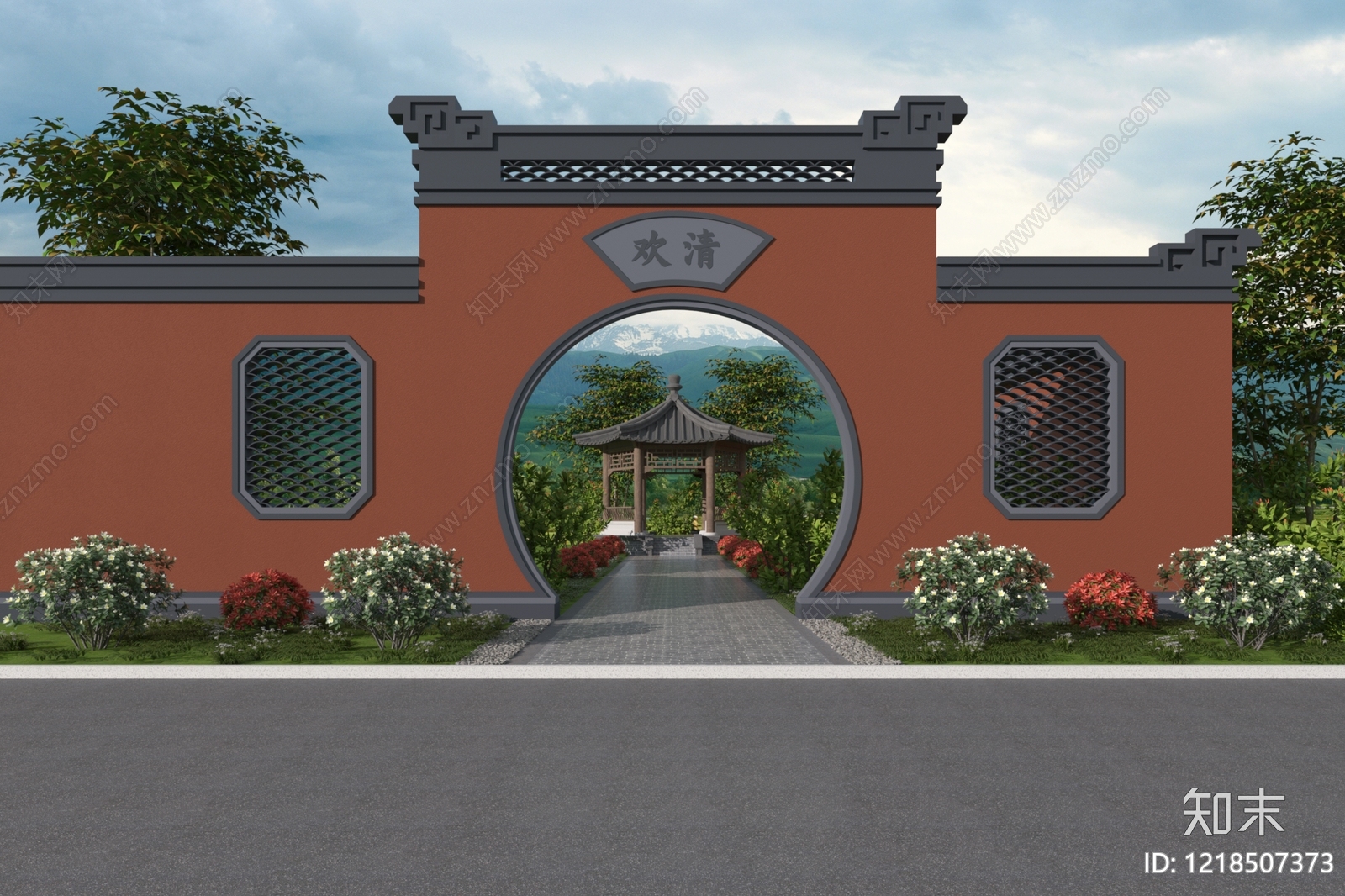 新中式公园景观3D模型渲染效果图